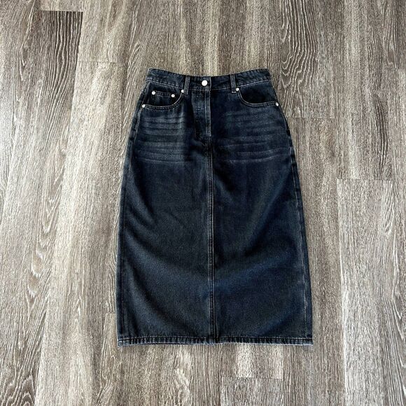 Prada Black Long Denim Midi Skirt Button Fly Size 4 US EUC - Picture 2 of 16